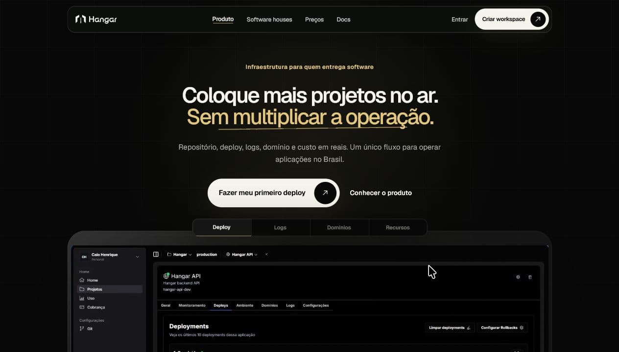 Página do Hangar, produto PaaS desenvolvido pela Bytewave